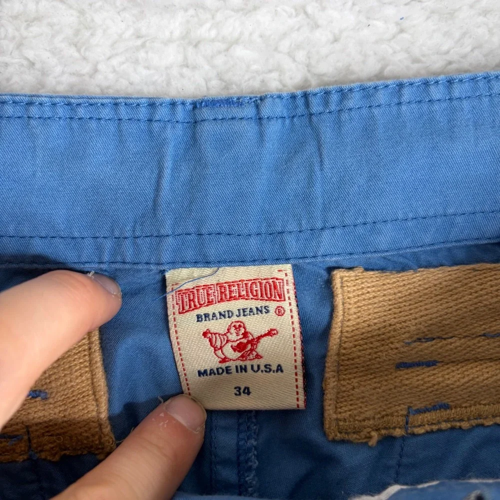 True Religion Blue Cargo Pants Mens 34 baggy loose Horseshoe Stitch Made in USA